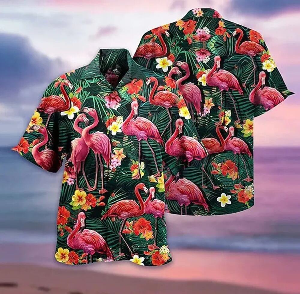 Pink Flamingo Dark Tropical Palm Jungle Pattern Hawaiian Shirt Beach Aloha